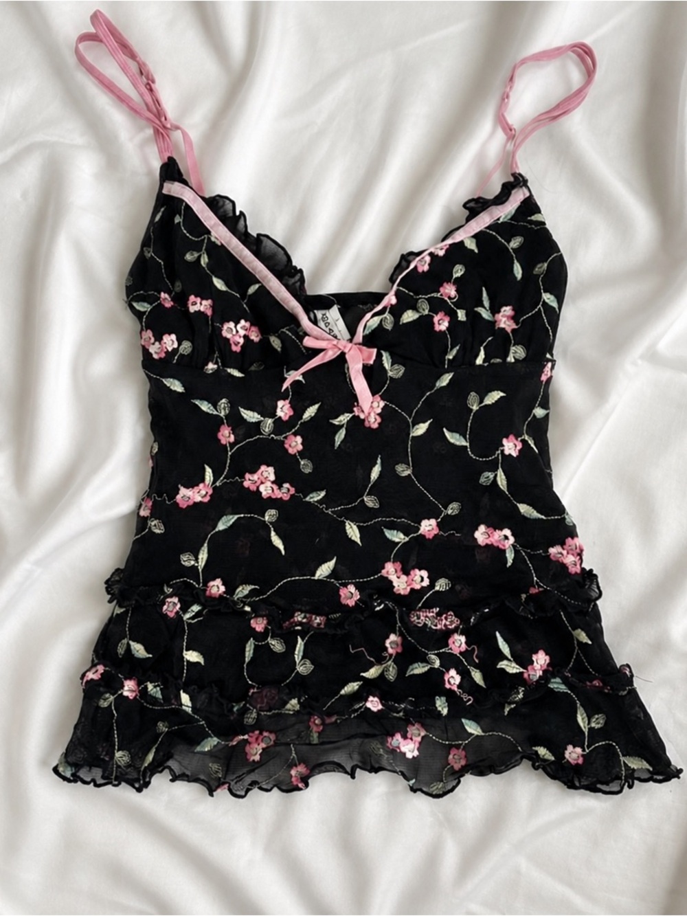 Floral Embroidered Cami Top with Ruffle Trim